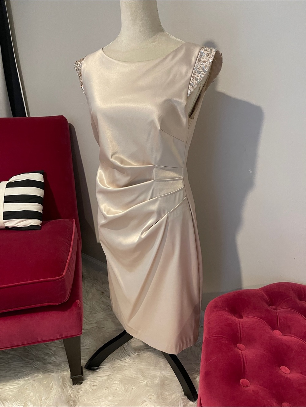 Vince Camuto Cocktail Champagne Satin Sheath Dress with Embellished Shoulders 8